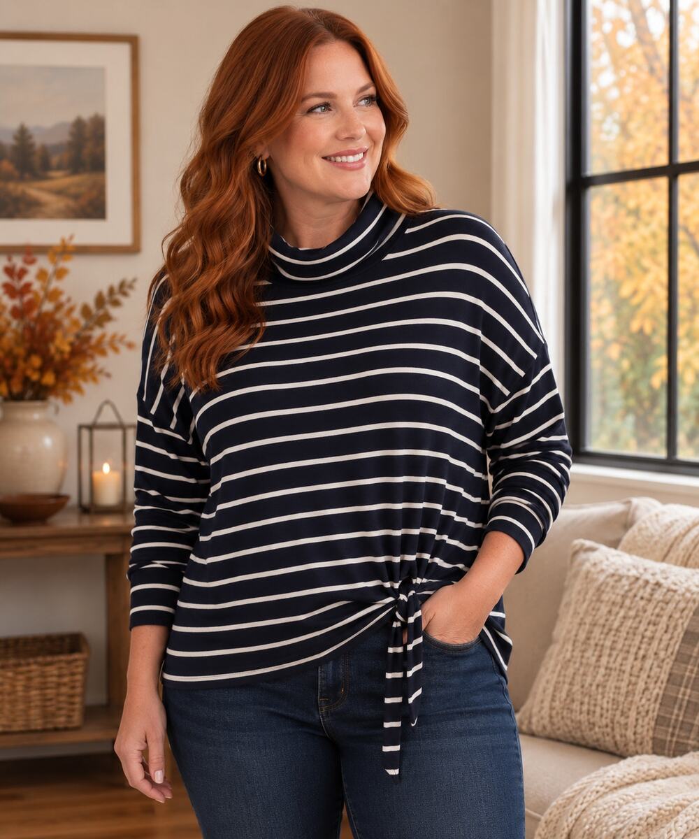 J. Crew Navy White Striped Side Tie Turtleneck Top Women’s